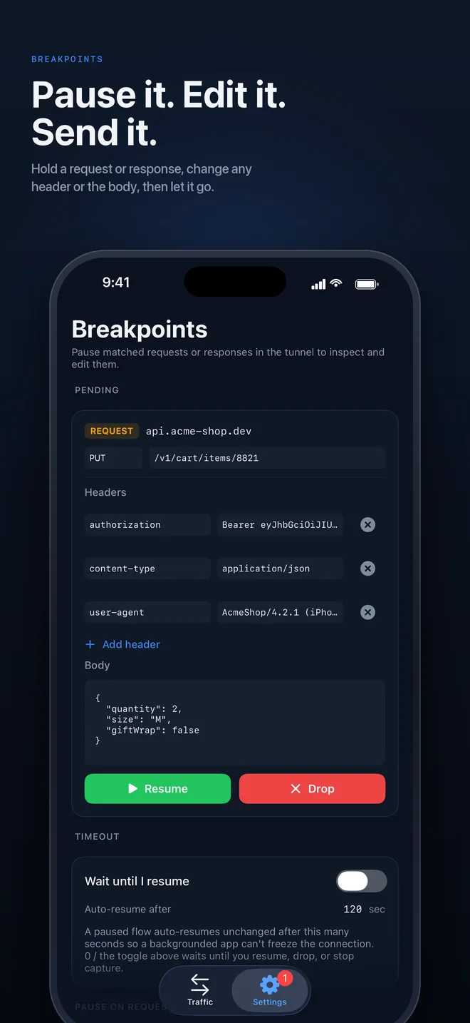 A request paused at a breakpoint on iPhone, with Resume and Drop buttons