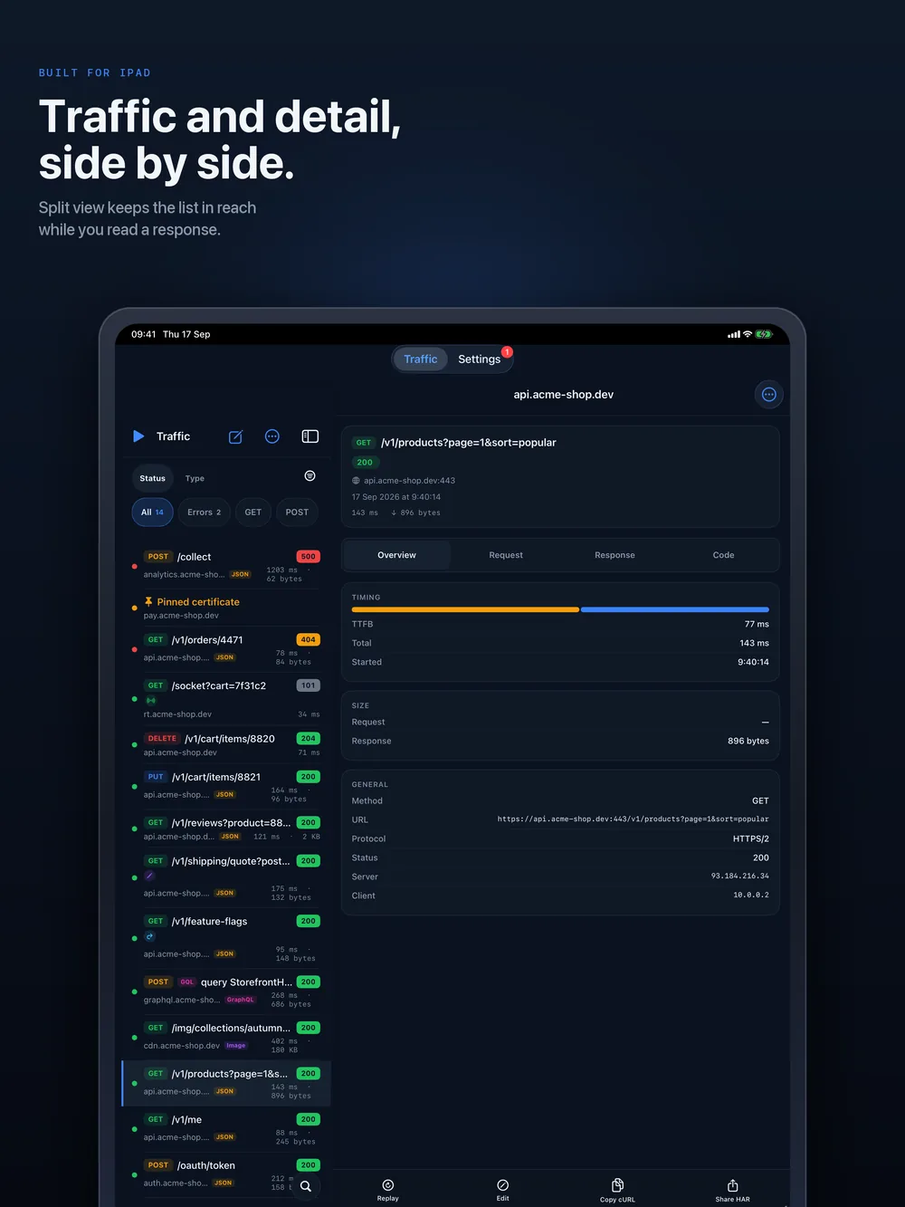 HTTPGlass on iPad: traffic list and request detail side by side