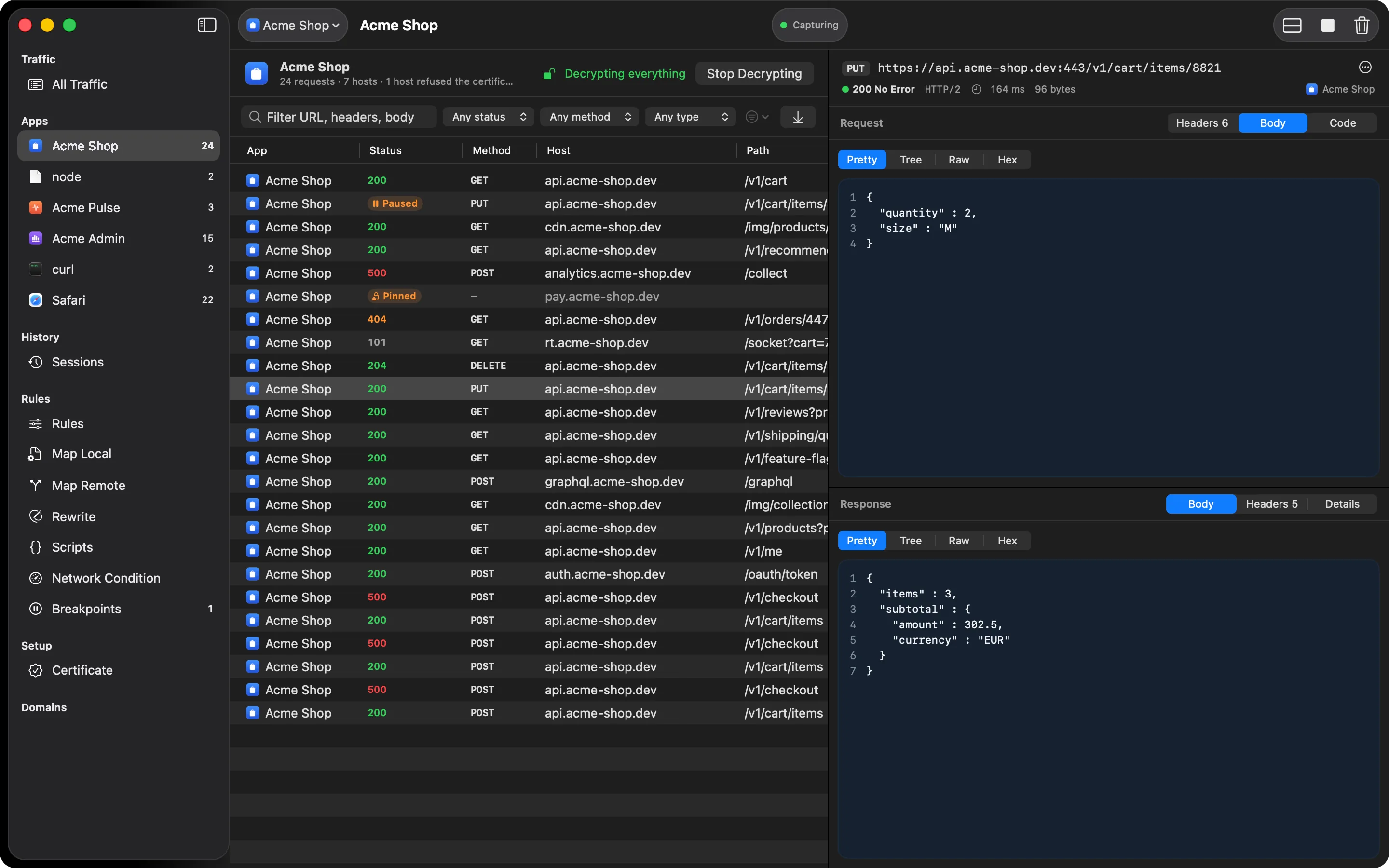 One app selected in the sidebar, with only its requests listed and a cart request open