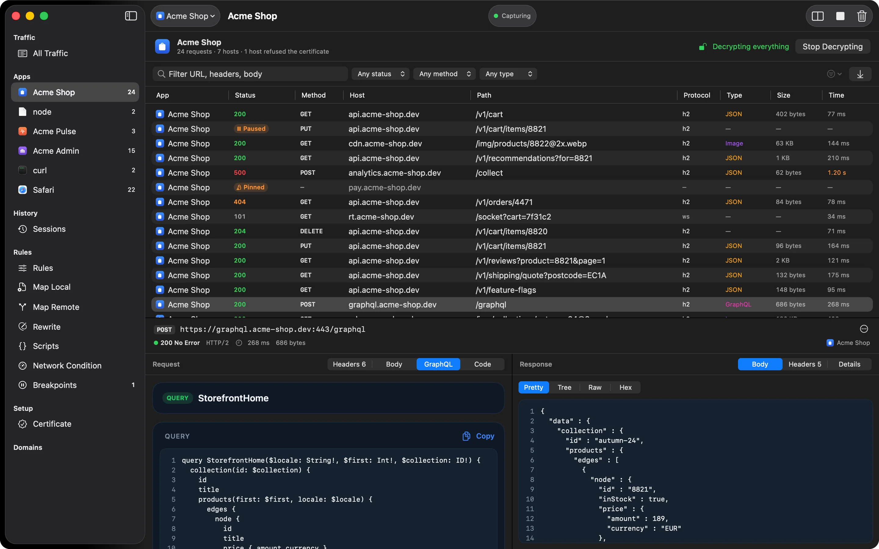A GraphQL query shown in the GraphQL tab of the inspector