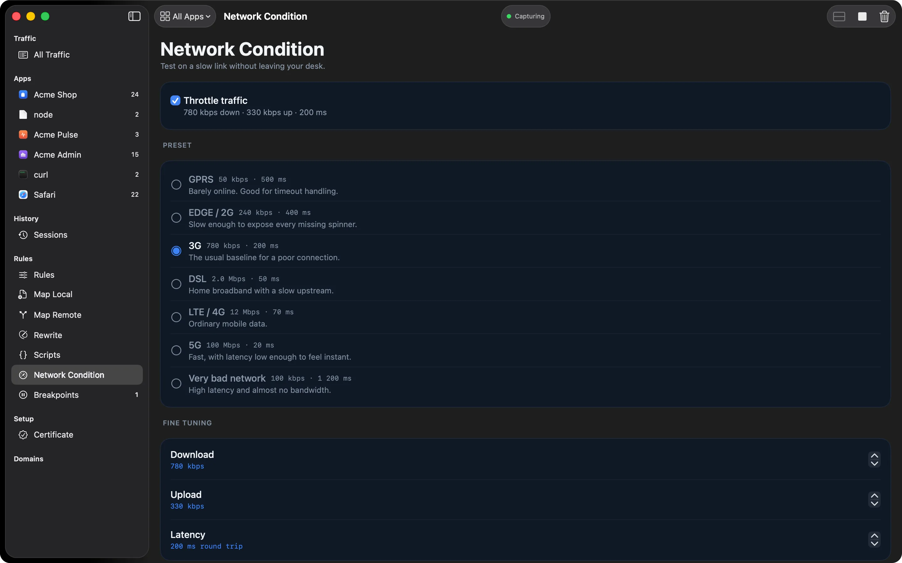 Network Condition throttling traffic to a 3G profile