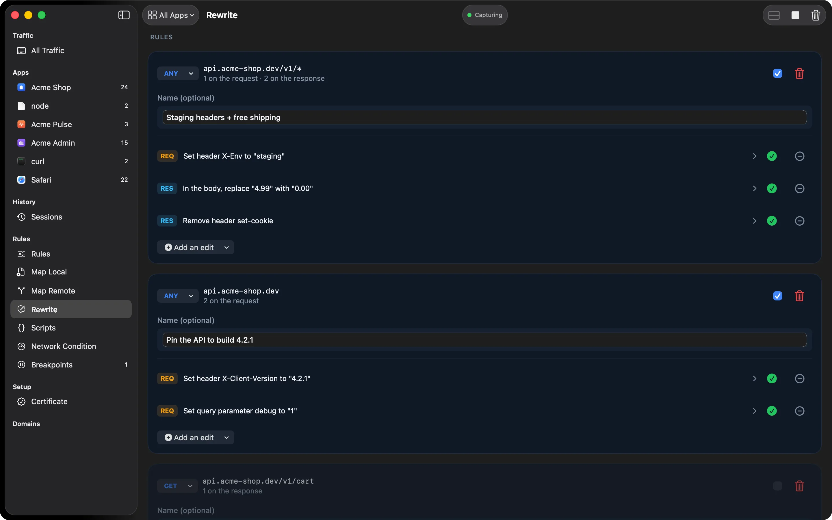 Rewrite rules setting a header, replacing a price and removing set-cookie