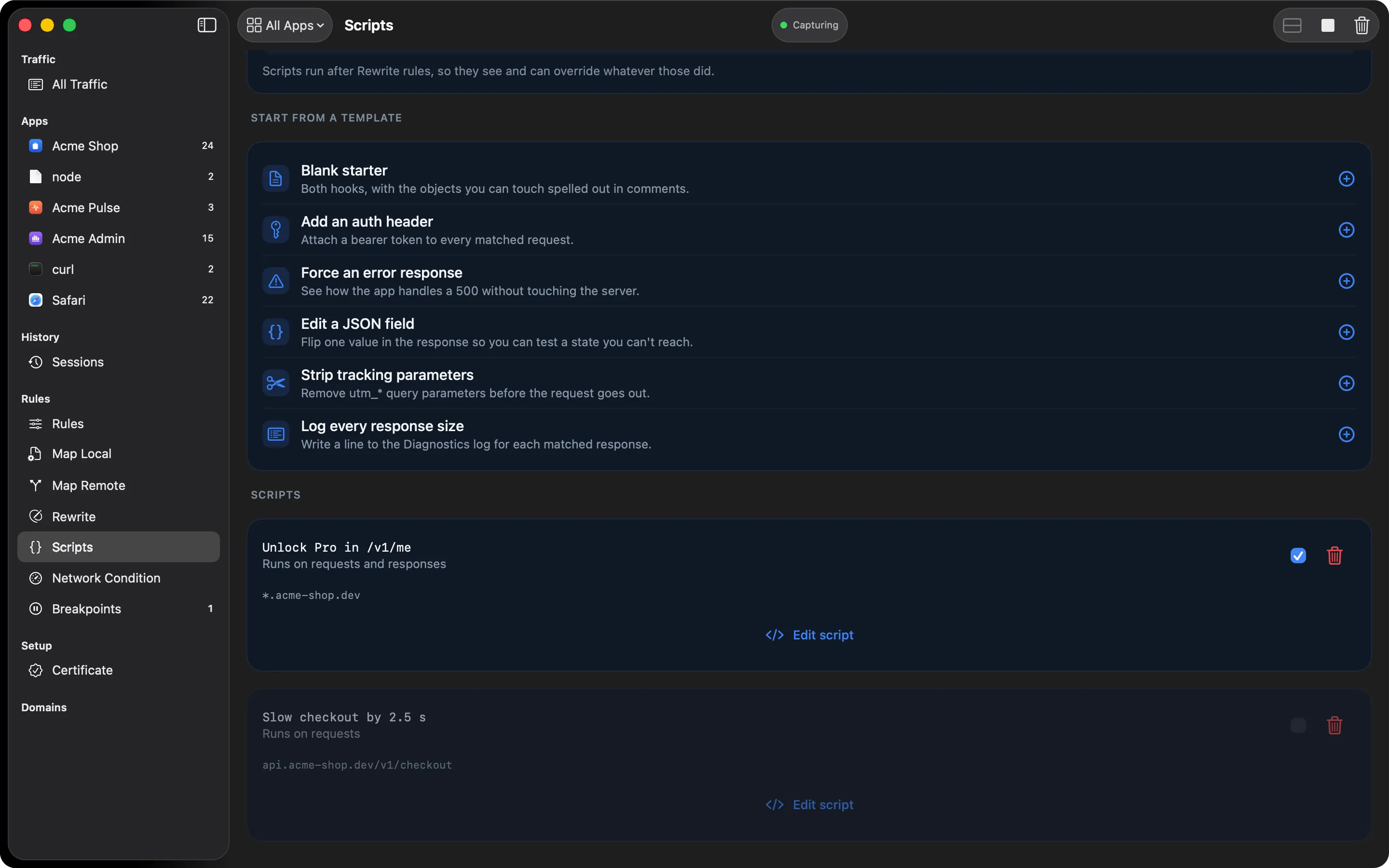 The Scripts screen with starter templates and two JavaScript scripts