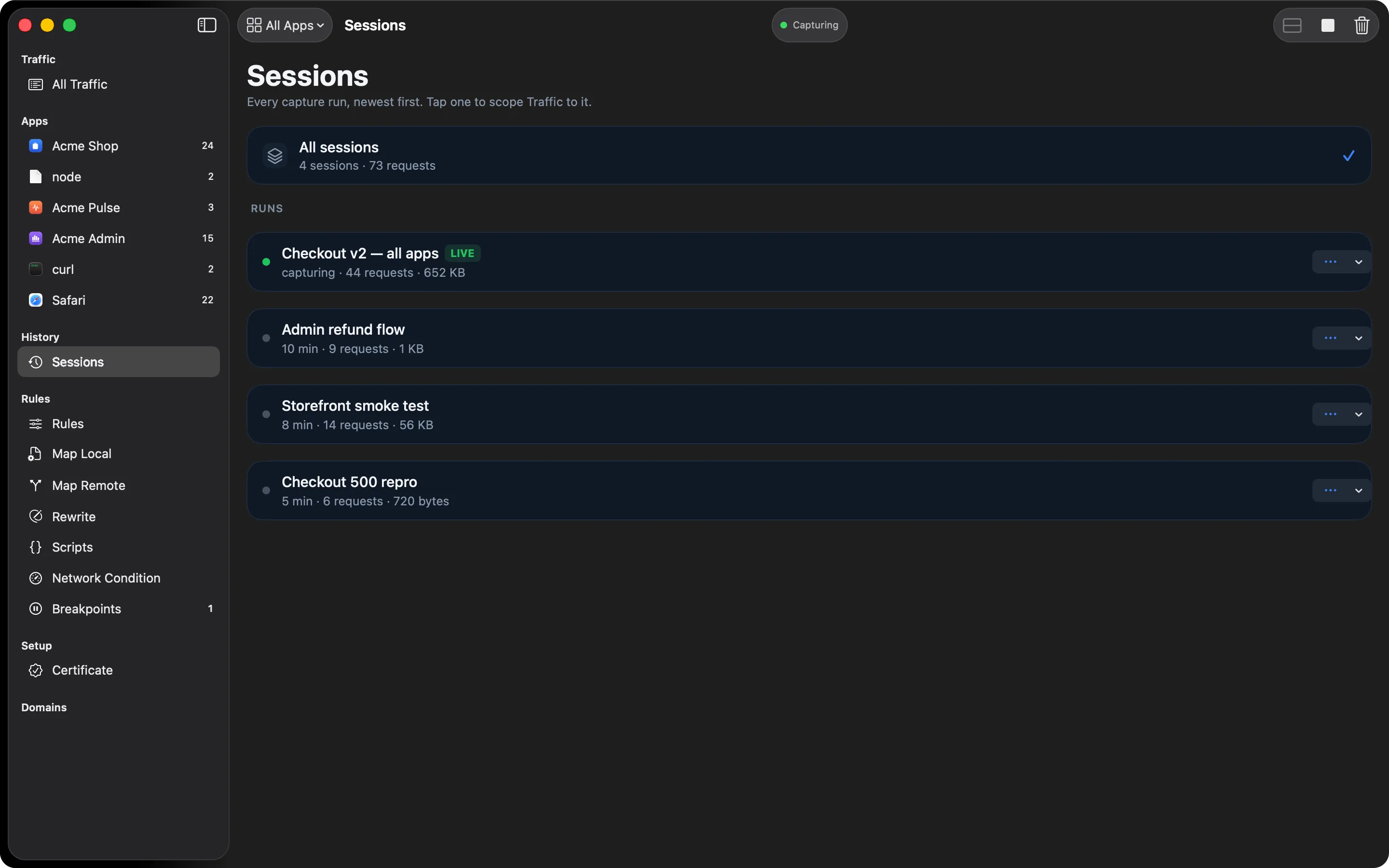 The Sessions list with four named capture sessions