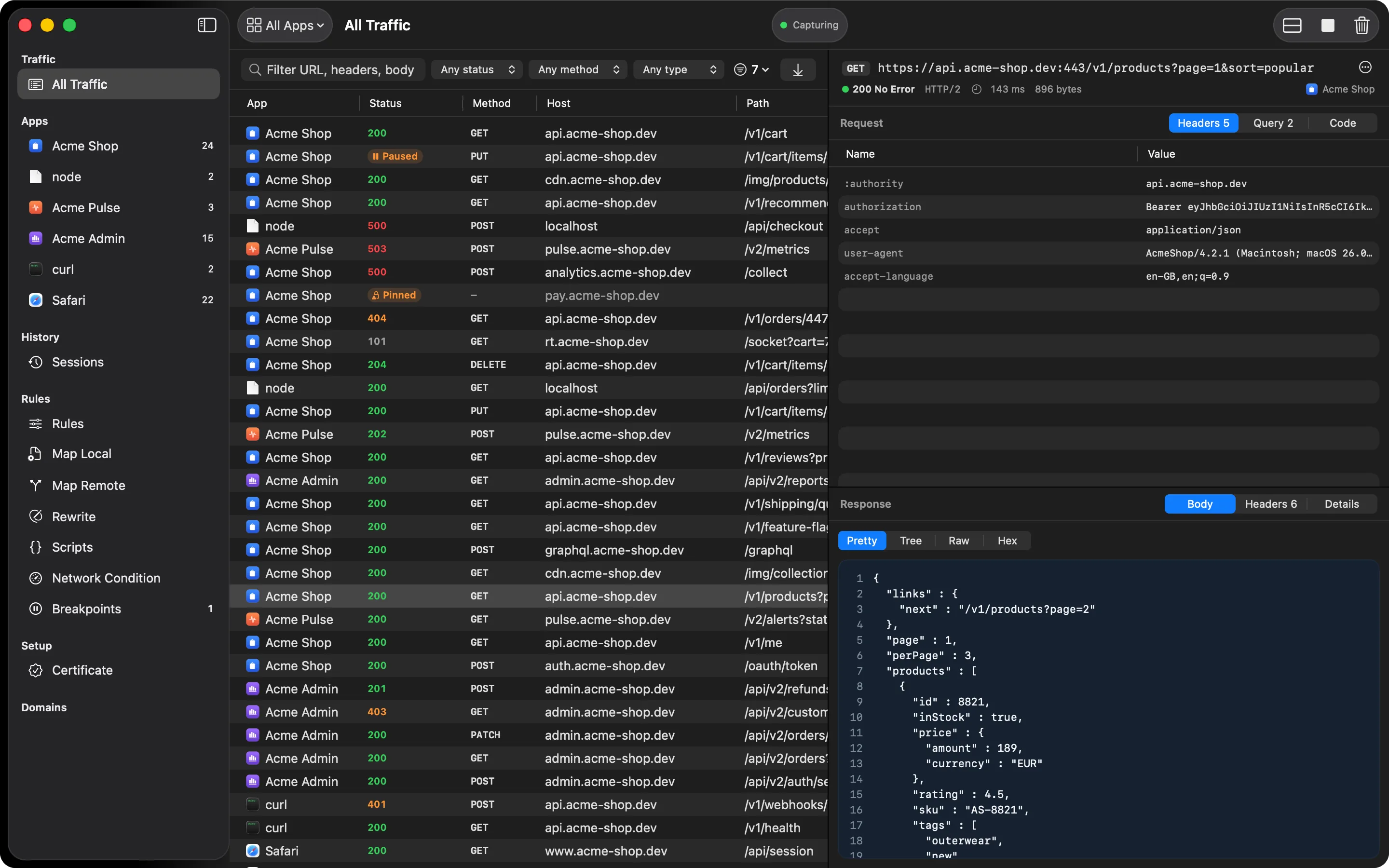 HTTPGlass for Mac: the traffic table with requests from several apps, and a JSON response open in the inspector